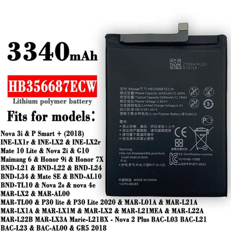Batterie de remplacement pour Huawei P30 Lite / Nova 2 Plus / Mate 10 Lite / Honor 7x / G10, HB356687ECW Batterie de remplacement pour Huawei P30 Lite / Nova 2 Plus / Mate 10 Lite / Honor 7x / G10, HB356687ECW
